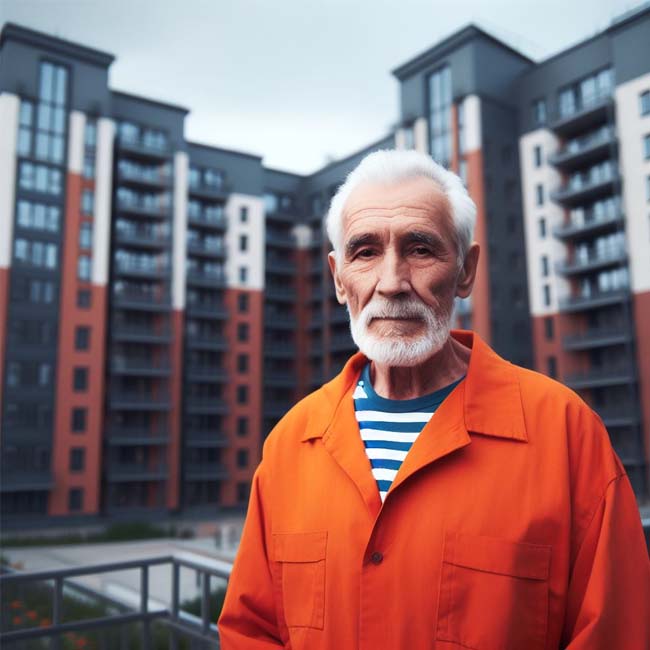 an old ex-felon standing in front of a large apartment